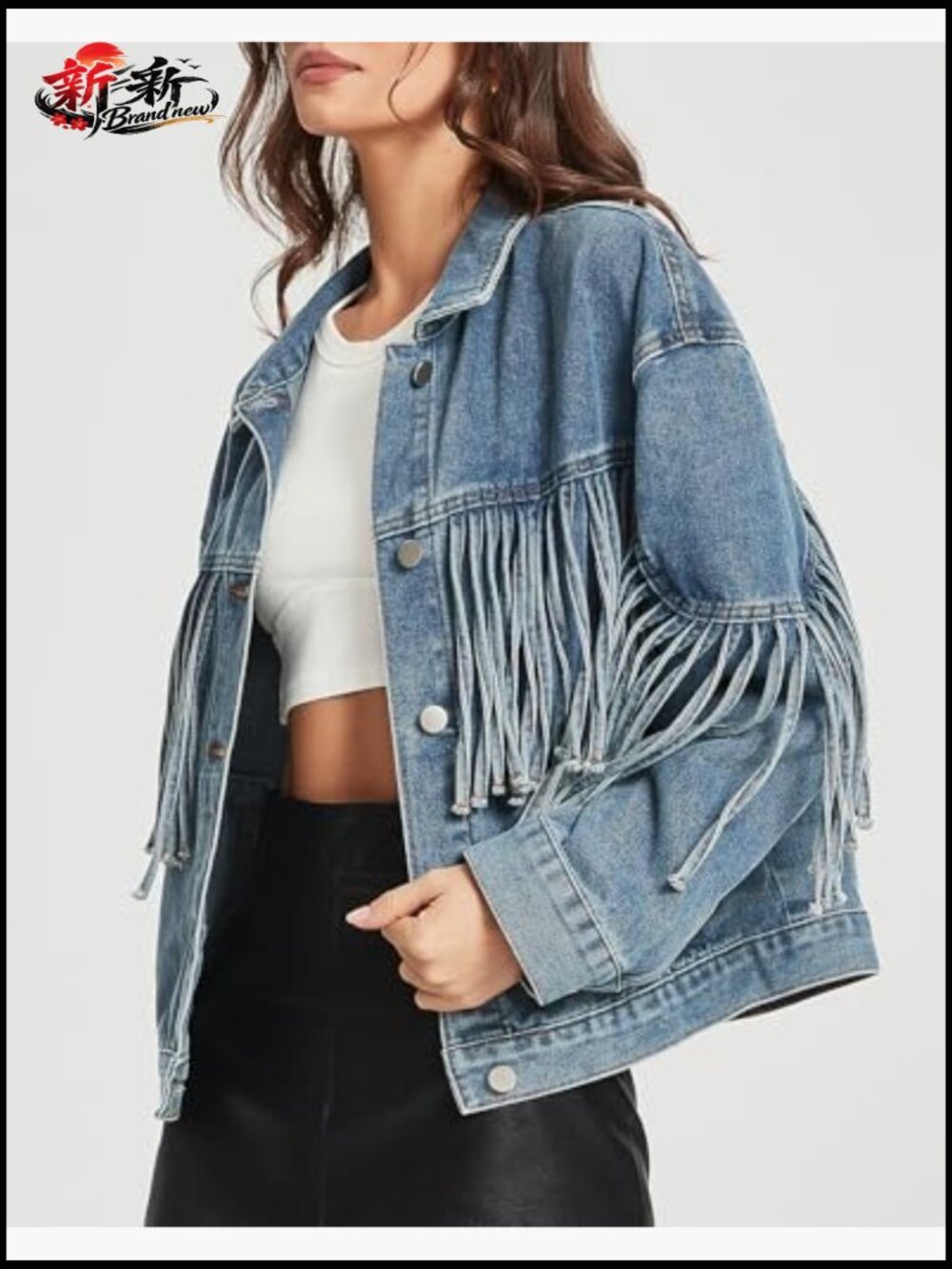 Oversized Fringed Denim Jacket Tassel Long Sleeve Western Concert Outfits - Picture 3 of 6